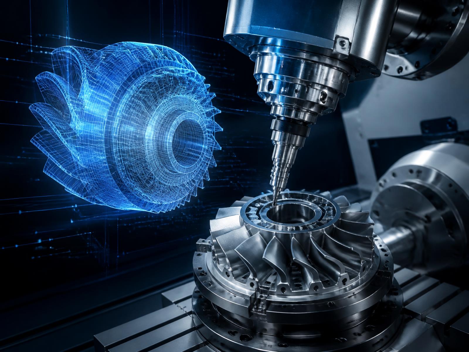 5-axis CNC machining a titanium aerospace component with CAD wireframe overlay